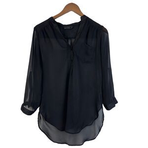 I.N. San Francisco Black Sheer Pullover Long Sleeve V-Neck Shirt Blouse Size M